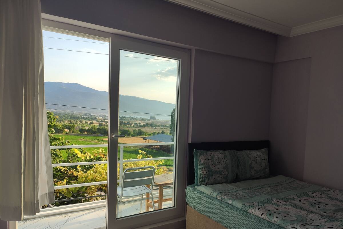 A bedroom with a bed, a window with a view of a vineyard and mountains, and a balcony with a chair and table.