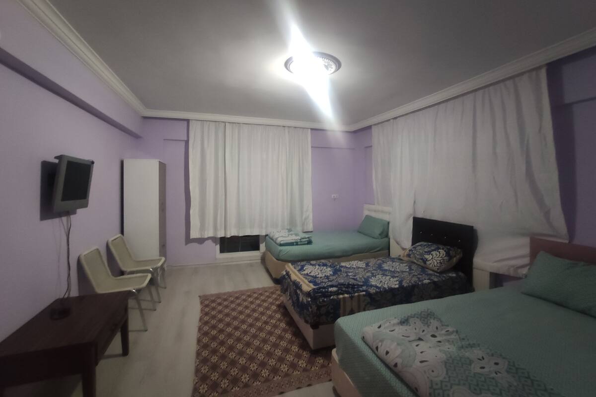A bedroom with two beds, a desk, a chair, a TV, and a window with curtains.