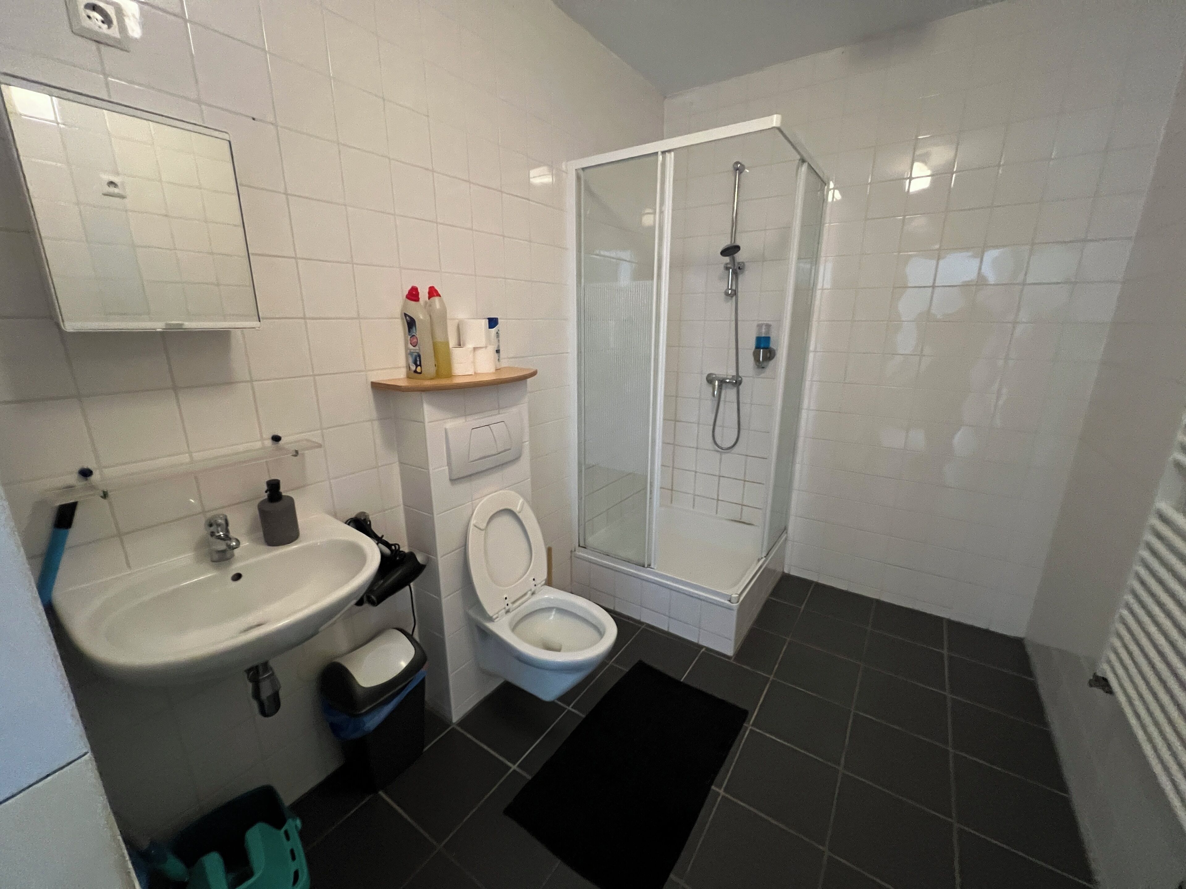 A bathroom with a sink, toilet, and shower.