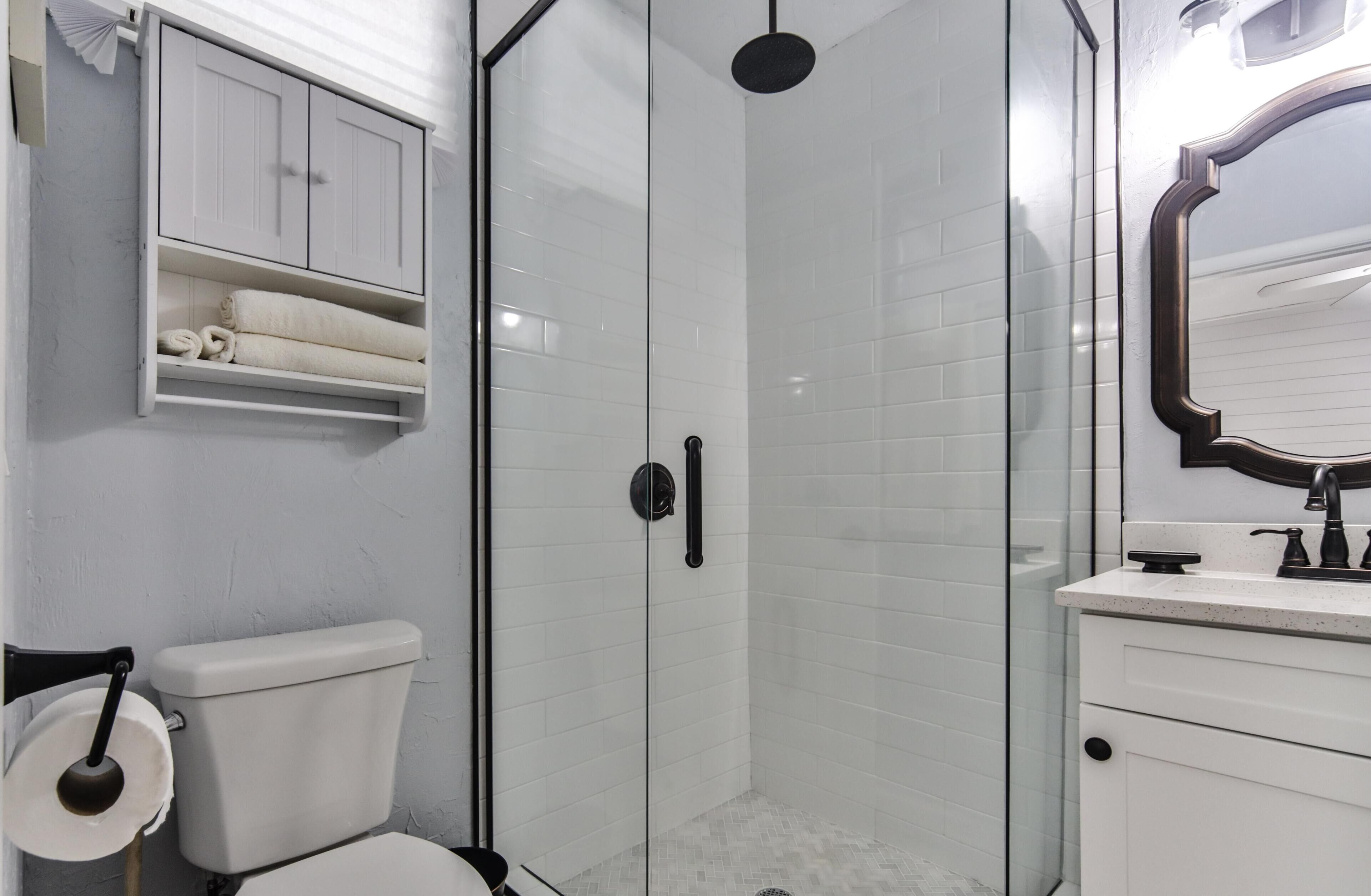 Hair dryer, towels, shampoo, toilet paper