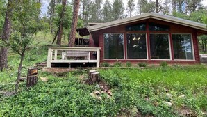 Mökki, jossa on suuri ikkuna ja joka sijaitsee metsän ympäröimänä.