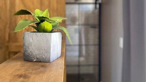 A potted plant on a wooden bench in a modern kitchen with a sliding door and a stainless steel refrigerator.
