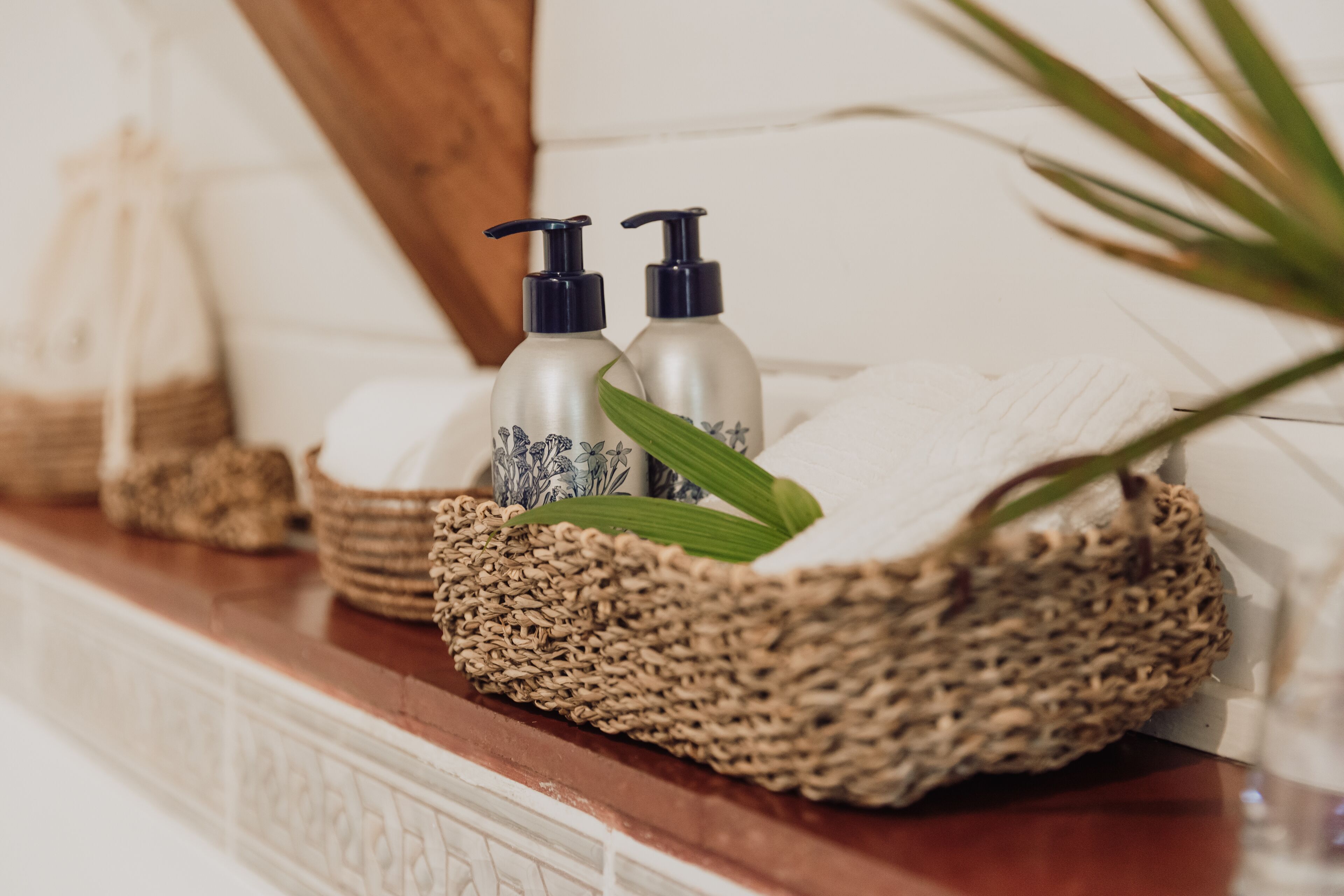 Un tocador de baño con dos botellas de champú y acondicionador, una cesta tejida y una planta verde.