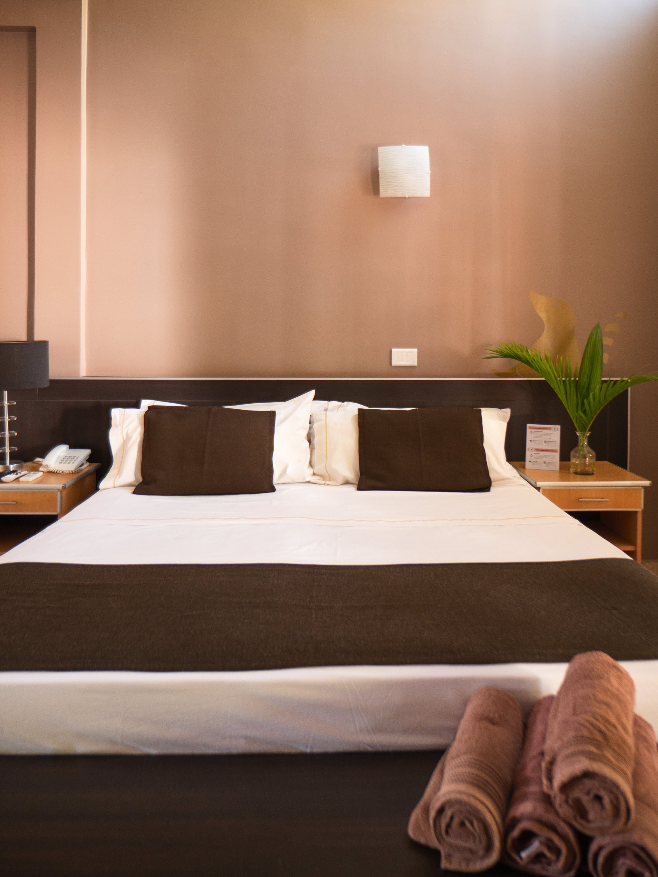 Une chambre d’hôtel avec un grand lit, une table de chevet avec une lampe, un téléphone et une petite plante sur la table de chevet.