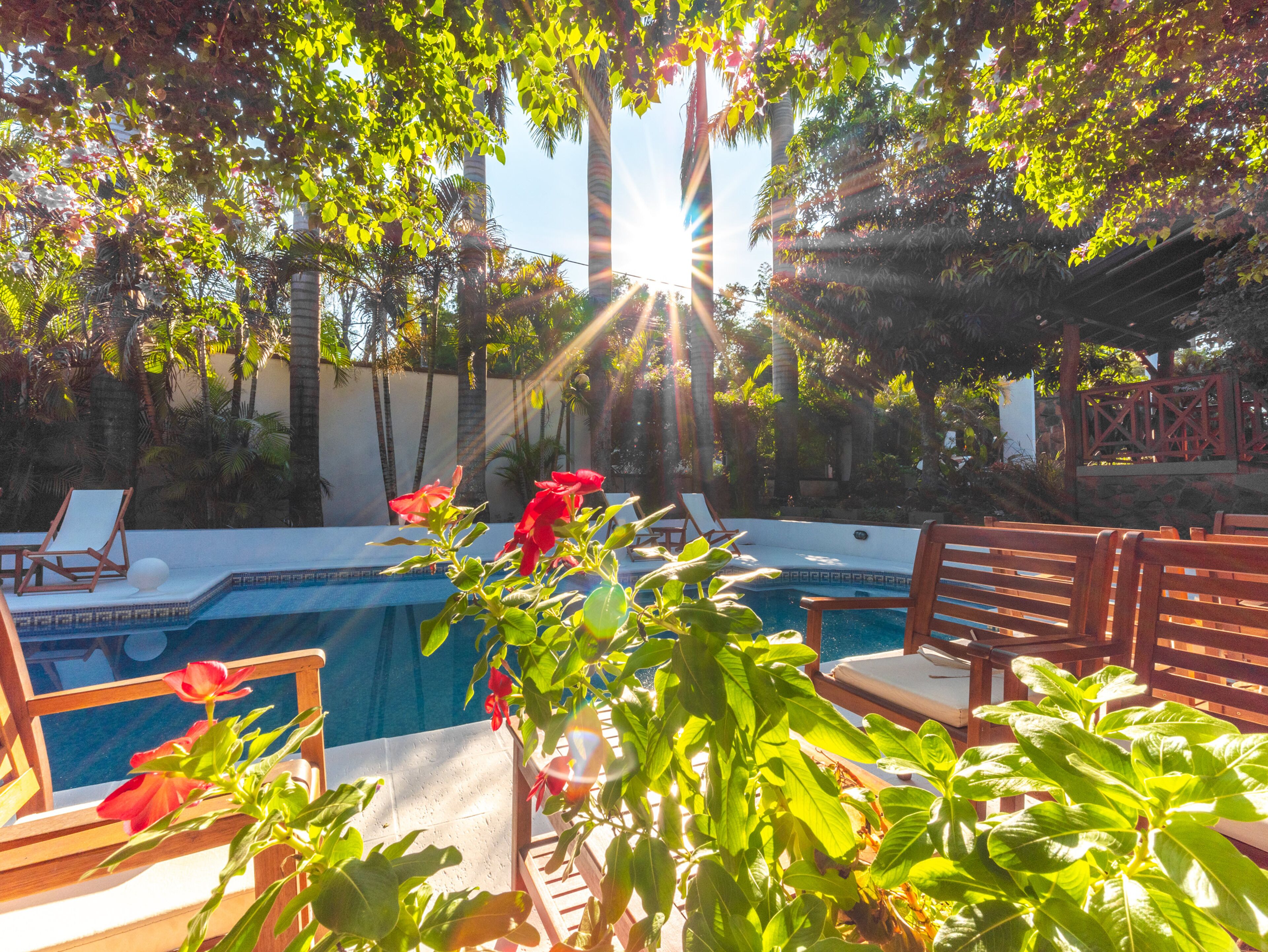 Zona de piscina con sillones de descanso y vista a la piscina.