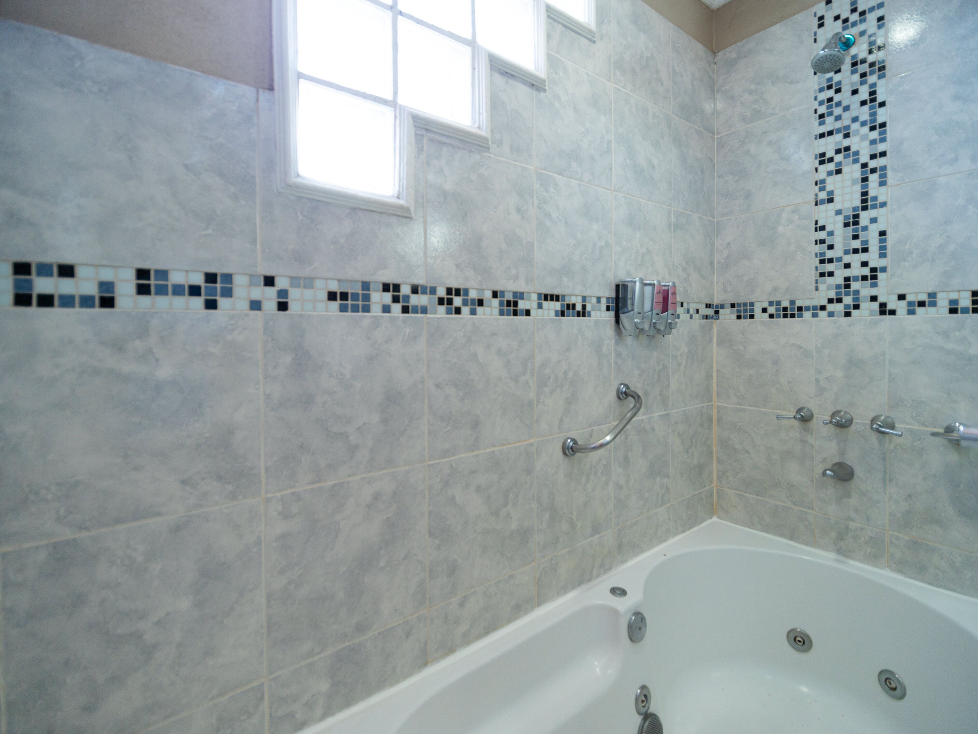 Ein modernes Badezimmer mit einer großzügigen Badewanne, einer Duschkabine und einer Haltestange zur Barrierefreiheit.