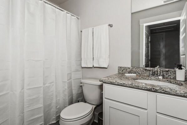 A bathroom with a toilet, sink, and shower curtain.