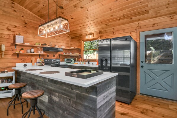 Fridge, microwave, oven, stovetop