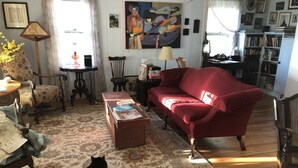 A cozy living room with a red sofa, a wooden coffee table, and a black cat.