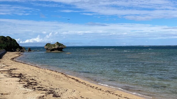Uma praia com céu claro, águas calmas e um afloramento rochoso ao longe.