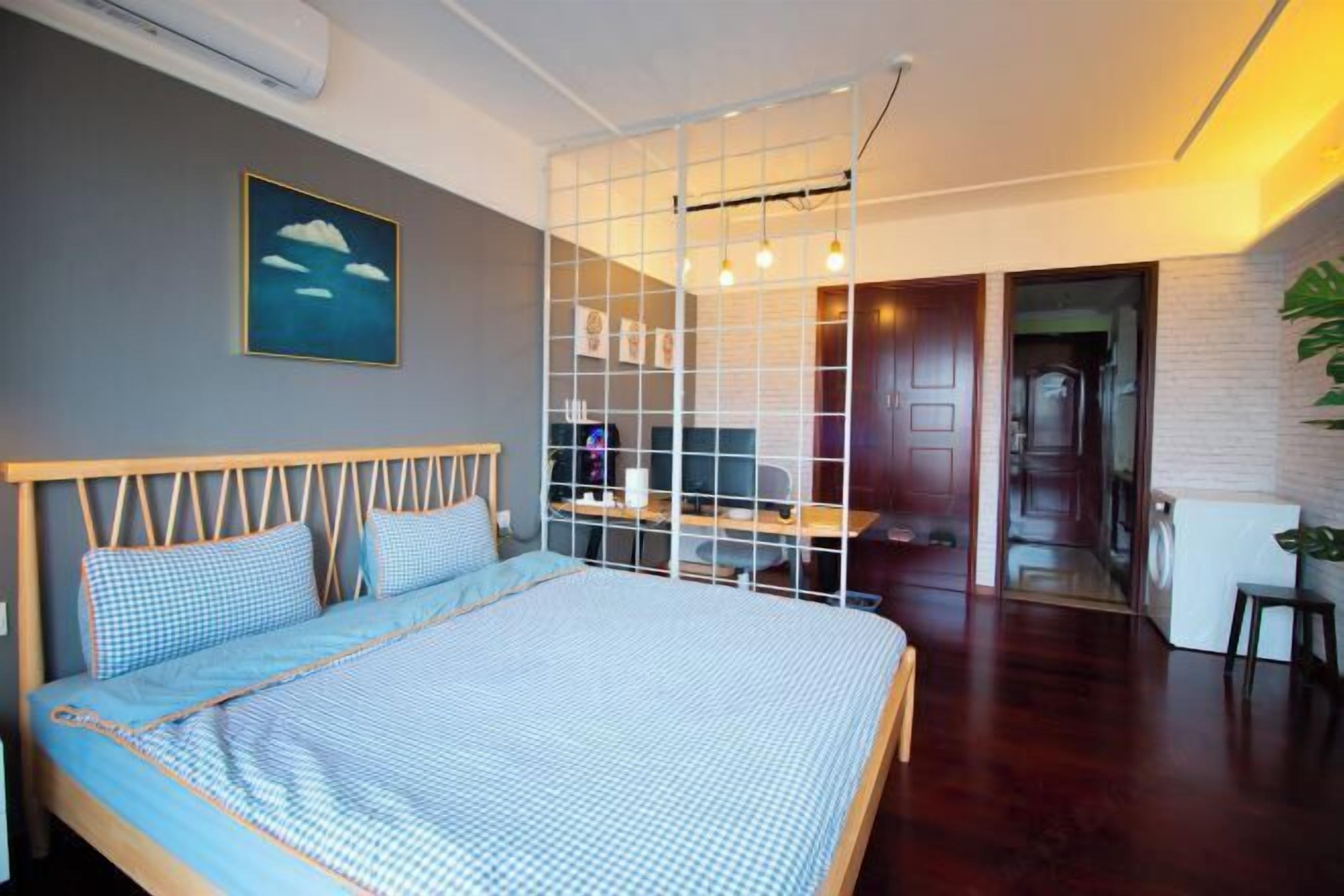 Desk, blackout drapes, bed sheets