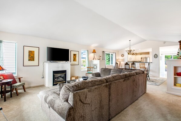 TV, fireplace, DVD player, video library