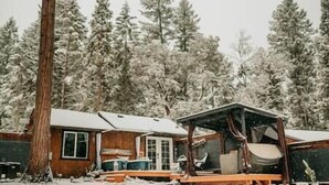 A cabin with a wooden exterior, a porch, and a snow-covered landscape with trees. - Forest Cottage with Hot Tub, Outdoor Baths & Alpacas (Grants Pass)
