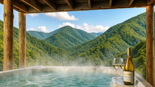 Un bain à remous avec une bouteille de vin et un verre, entouré d’une structure en bois offrant une vue sur des montagnes verdoyantes.