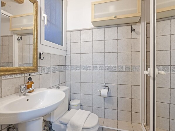 Ein Badezimmer mit Waschbecken, Toilette und Duschbereich.