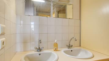 A bathroom with two sinks, a mirror, and a soap dispenser.