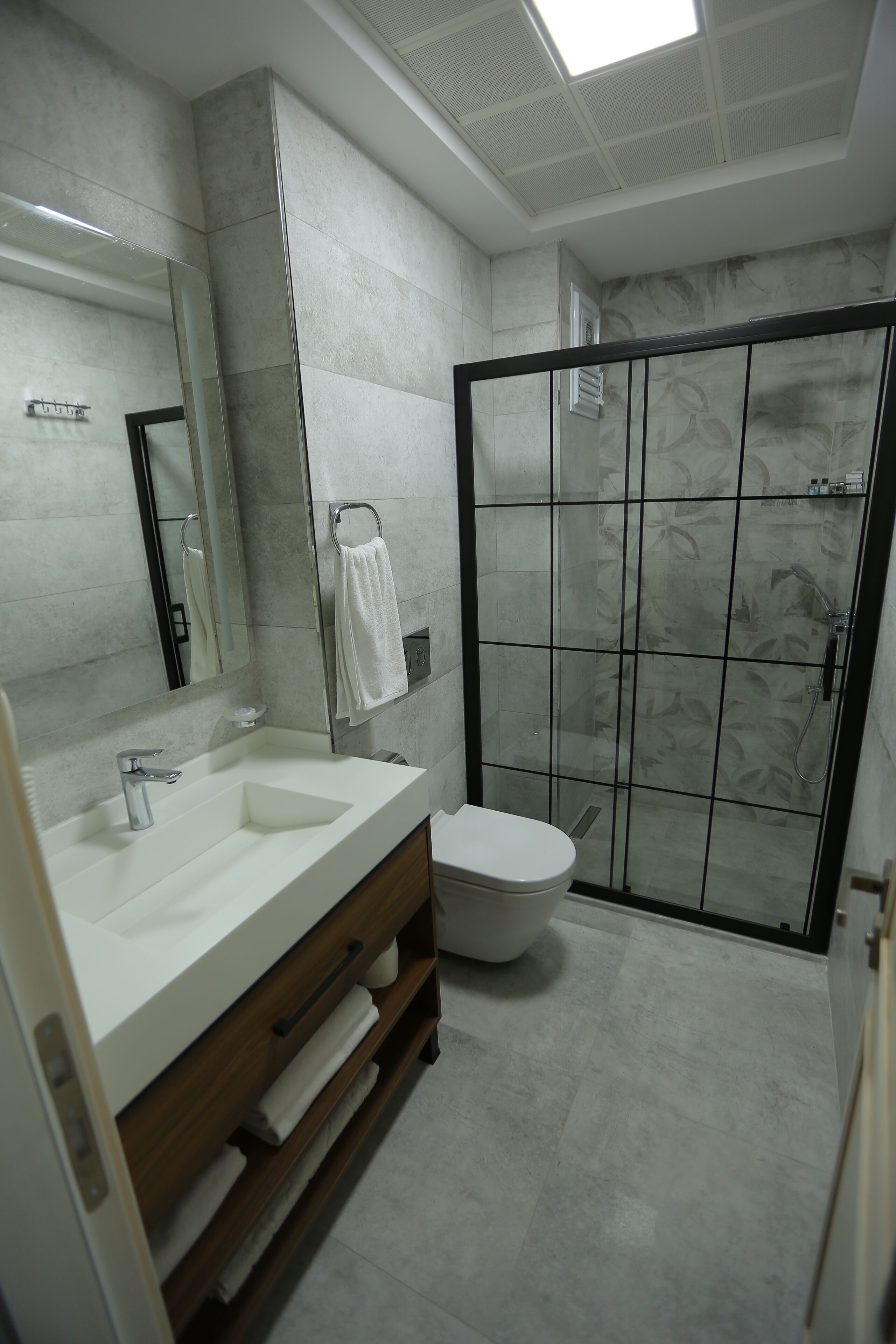 Shower, rainfall showerhead, hair dryer, slippers