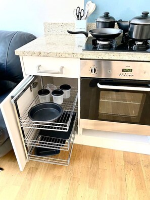 Frigorífico, microondas, horno y placa de cocina
