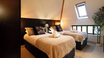A bedroom with two beds, a skylight, a nightstand, and a potted plant.