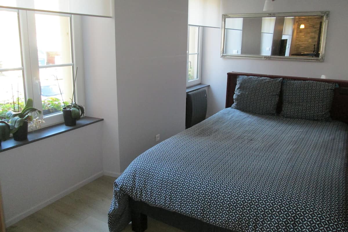 A bedroom with a bed, a window with plants, a radiator, and a mirror on the wall.