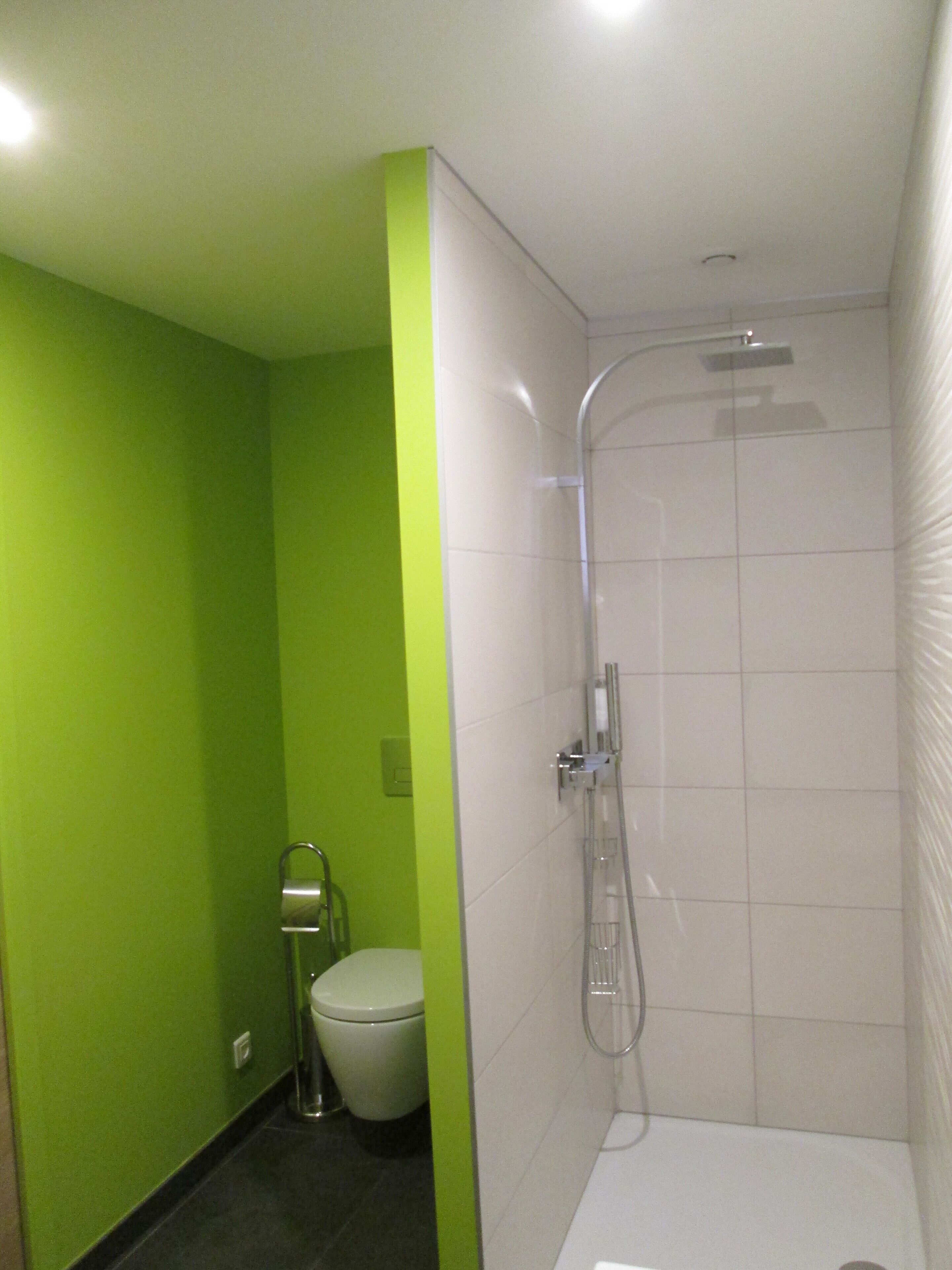 A modern bathroom with a shower, toilet, and green walls.
