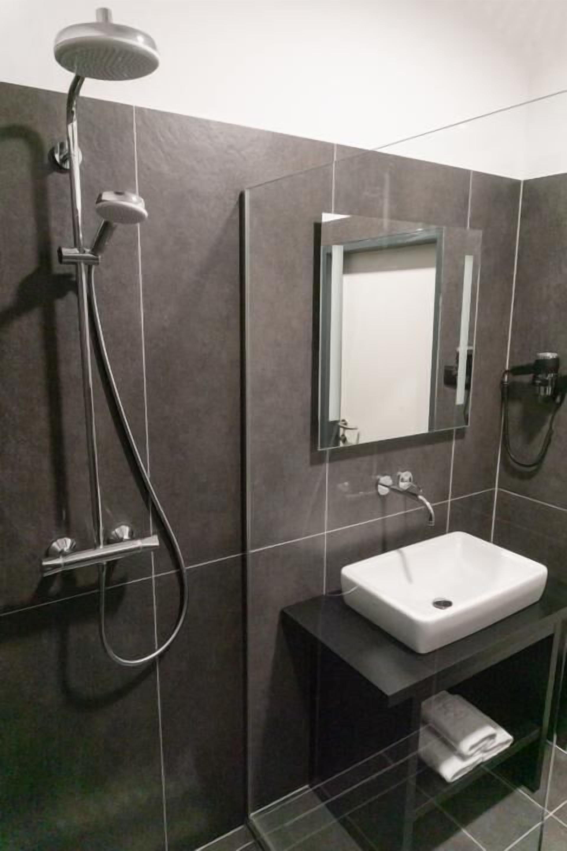 A modern bathroom with a shower, a sink, and a mirror.