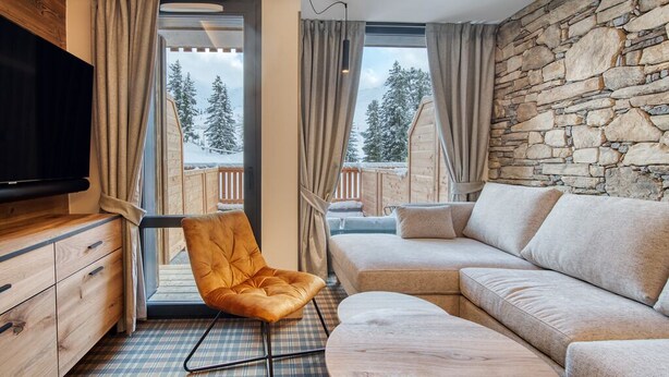 A cozy living room with a stone wall, a sofa, a chair, and a TV. - Chalet Hôtel Turquoise (La Plagne-Tarentaise)