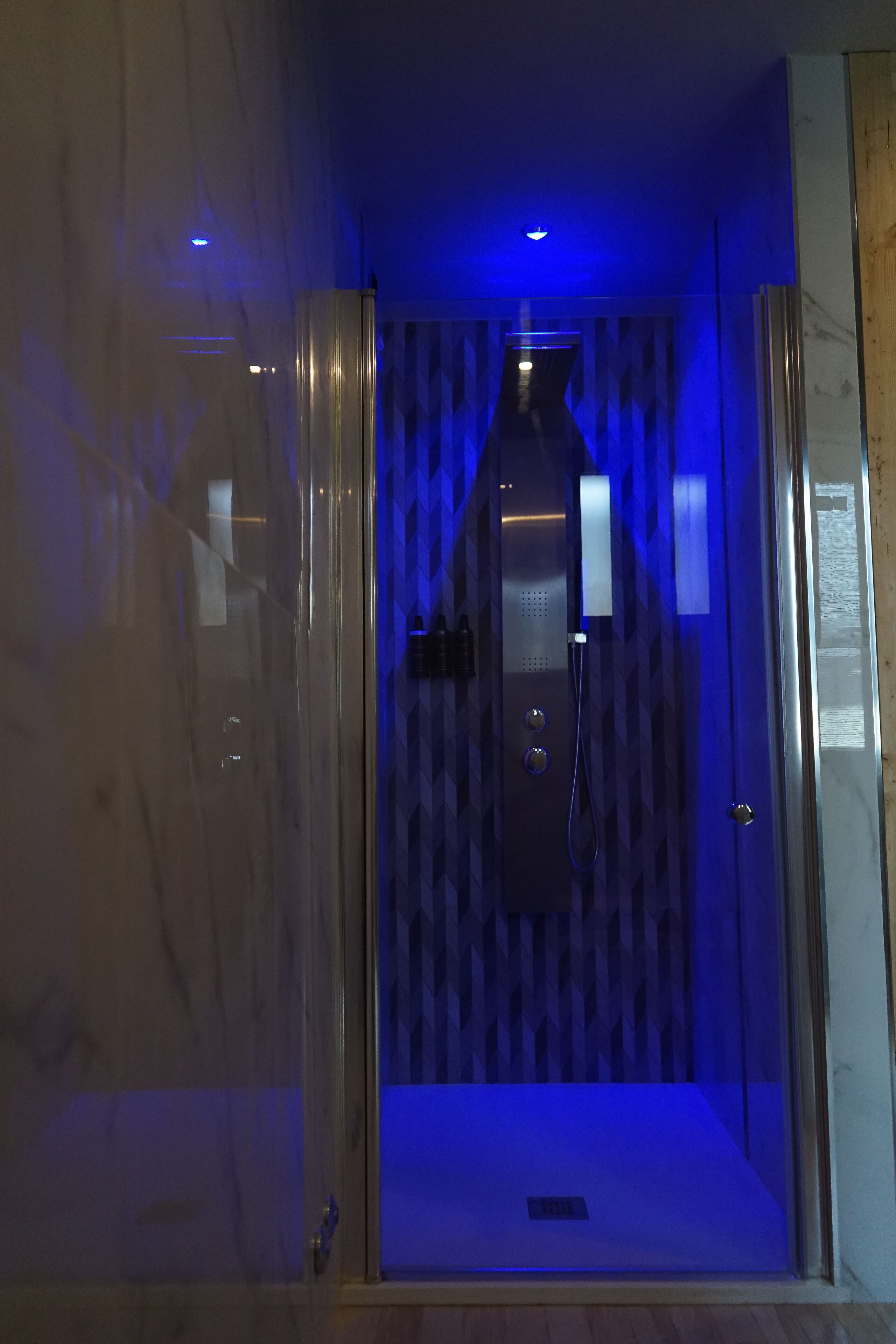 A glass-enclosed shower stall with a control panel, a handheld showerhead, and a handheld vacuum.