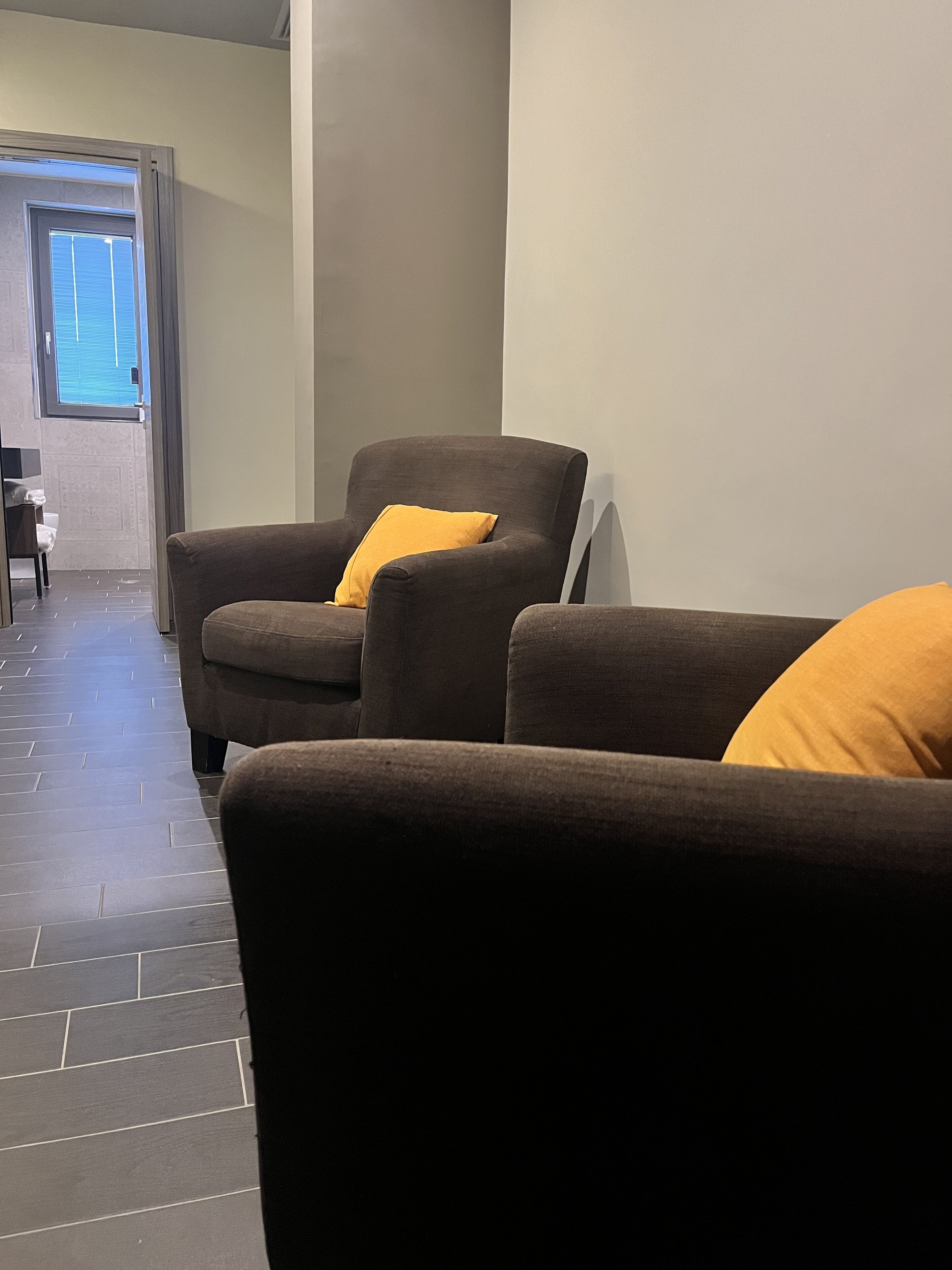 A modern living room with a sofa and armchair, a window with blinds, and a hallway leading to another room.