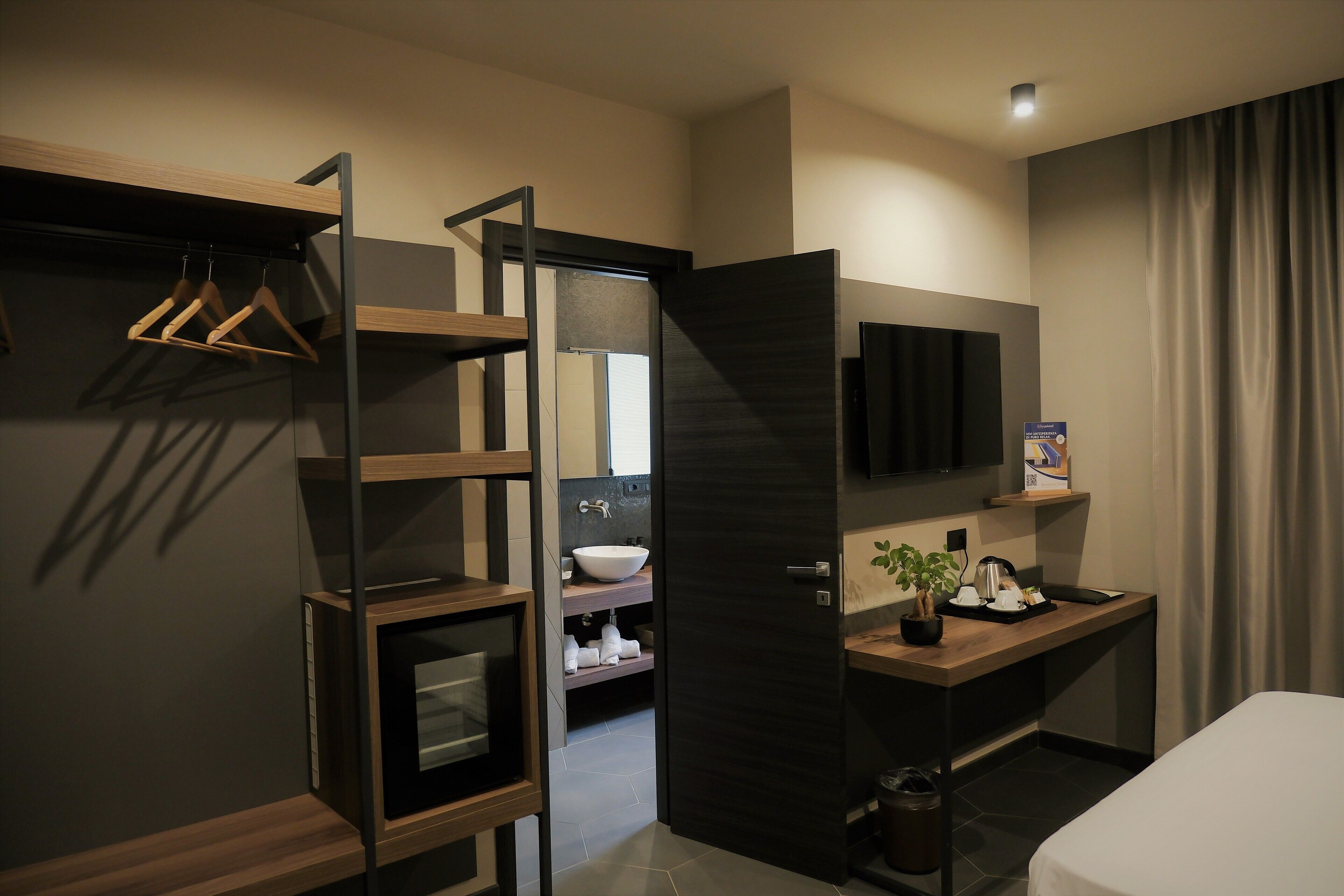 A modern hotel room with a wooden wardrobe, a built-in sink, a television, and a bedside table with a plant.