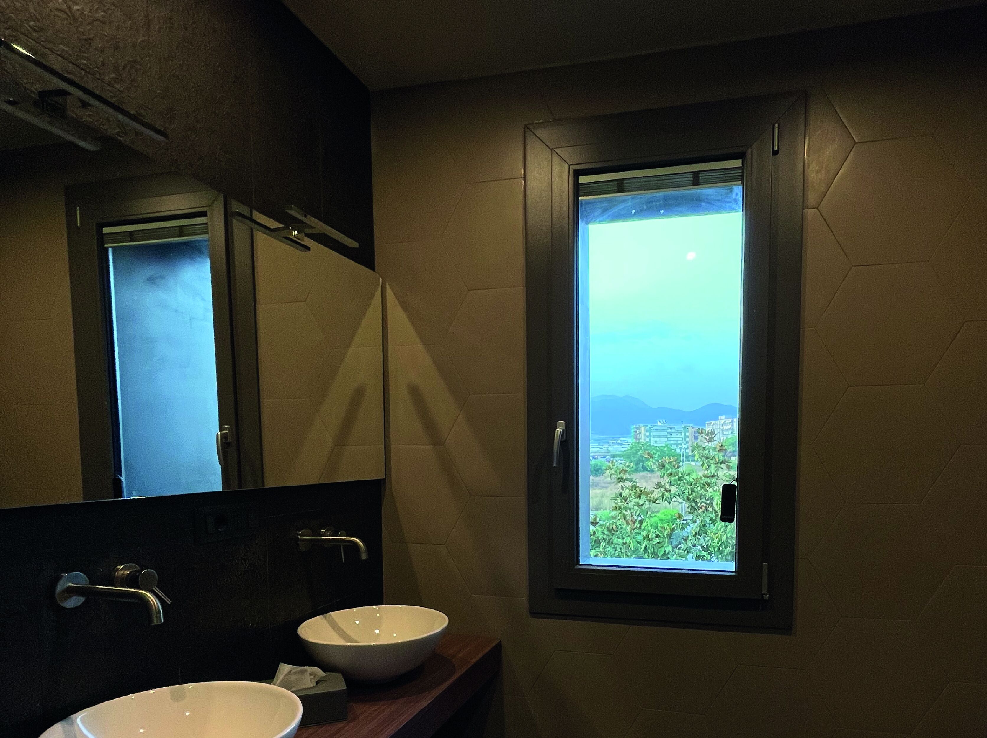 A bathroom with two sinks, a mirror, and a window with a view of greenery and buildings.