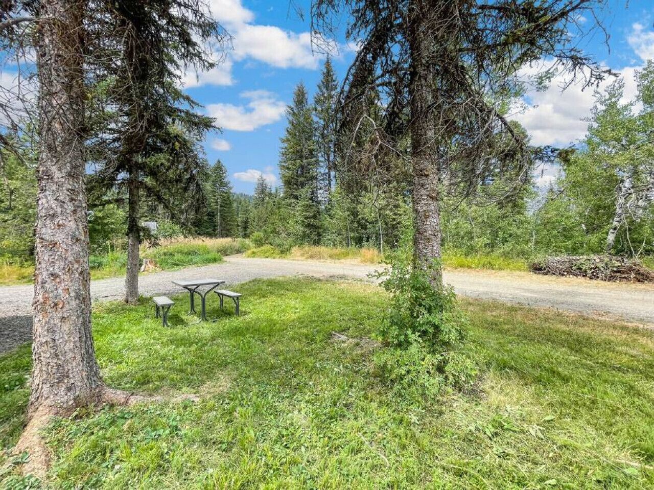 Un área de picnic con bancos y una mesa, rodeada de árboles y un sendero de grava.