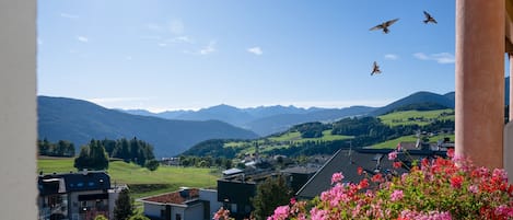 Vista de un pueblo con montañas al fondo, cielo despejado y un balcón con flores.