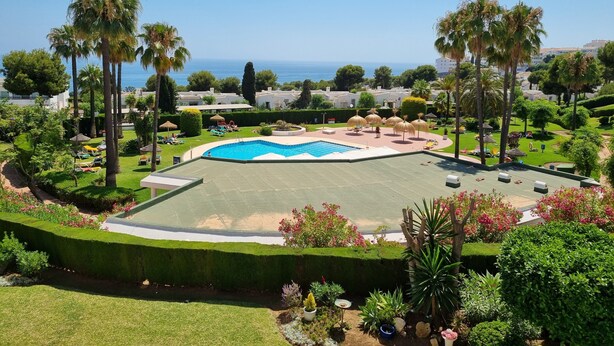Ein Poolbereich mit freiem Blick auf das Meer, umgeben von Palmen und gepflegten Rasenflächen.