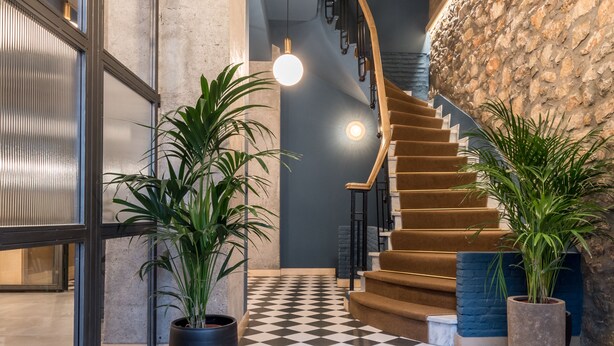 A modern interior with a checkered floor, a staircase, and potted plants. - Cohort Koukaki (Athens)