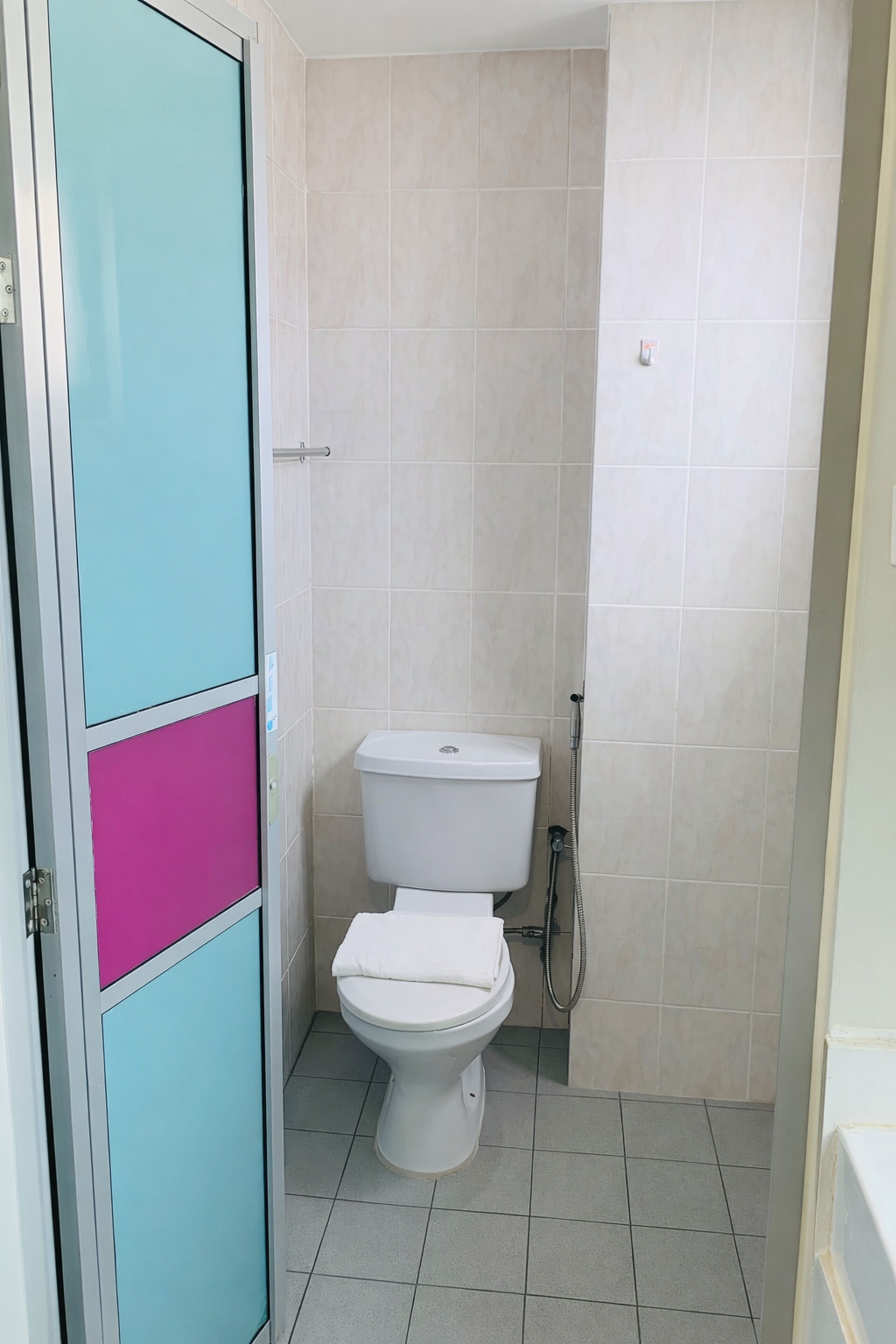 Un baño con inodoro, ducha y puerta con panel verde azulado y rosa.