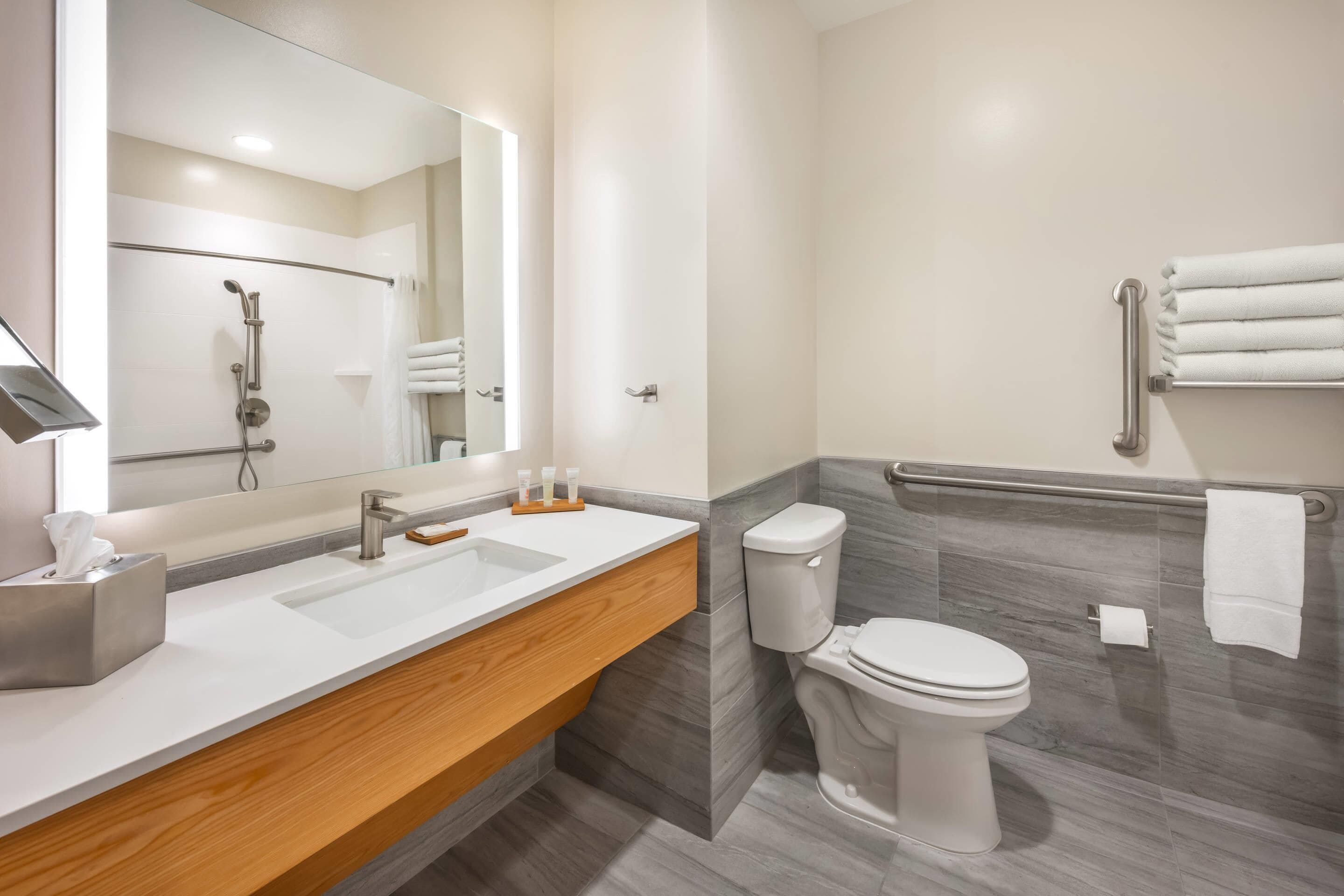A modern bathroom with a large mirror, a sink with a vanity, a toilet, and a shower area.
