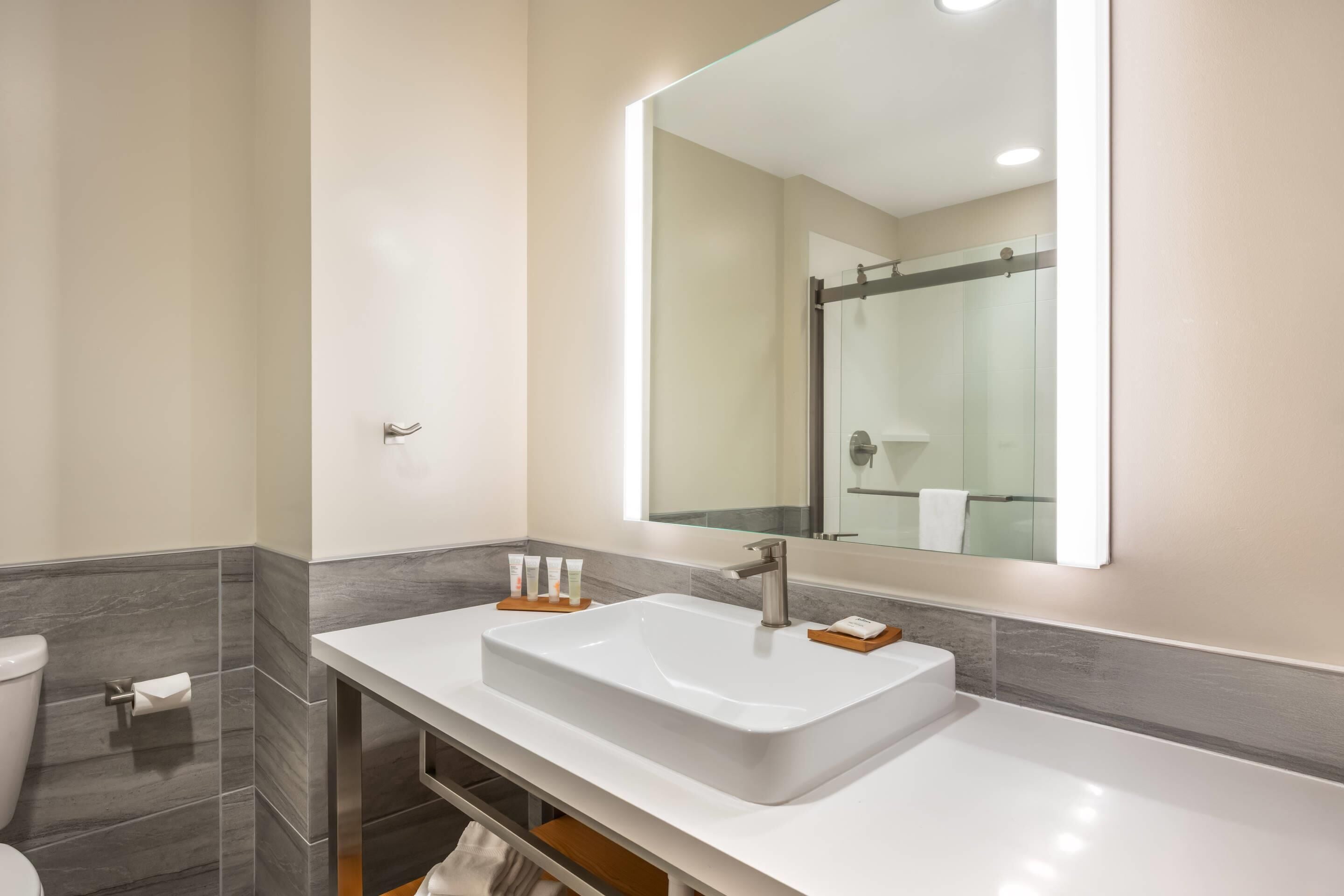 A modern bathroom with a white sink, a large mirror, and a glass shower enclosure.