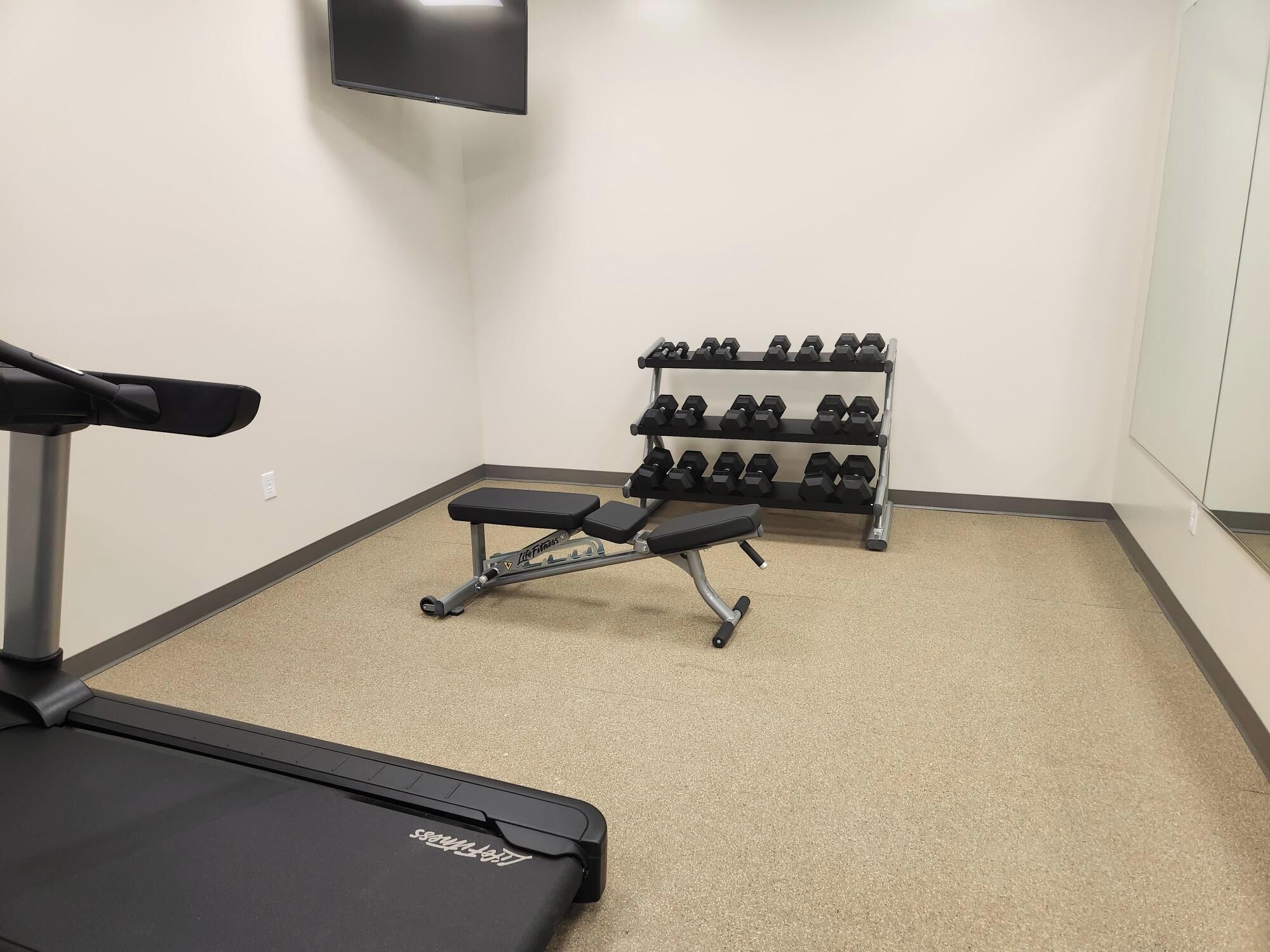 Ein Fitnessraum mit Laufband, Bank und Hantelgestell.