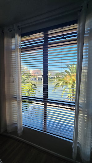 Enjoy a tranquil view of the water and palm trees from this room's large window.
