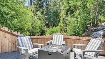 An outdoor deck with Adirondack chairs, a fire pit, and a wooden fence.