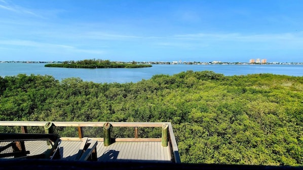 A view from a wooden deck overlooking a body of water with a distant island and buildings.