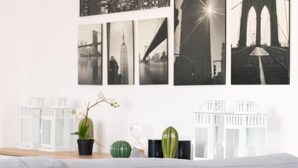 A room with a bed, a white wall with black-and-white photographs of bridges, a cactus, and a small potted plant. - GTD31504 - Art room of Athens - Luna (Palaio Faliro)