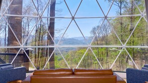 Habitació amb una finestra gran que ofereix vistes a un bosc i a les muntanyes. Hi ha dues cadires blaves i un sofà marró.