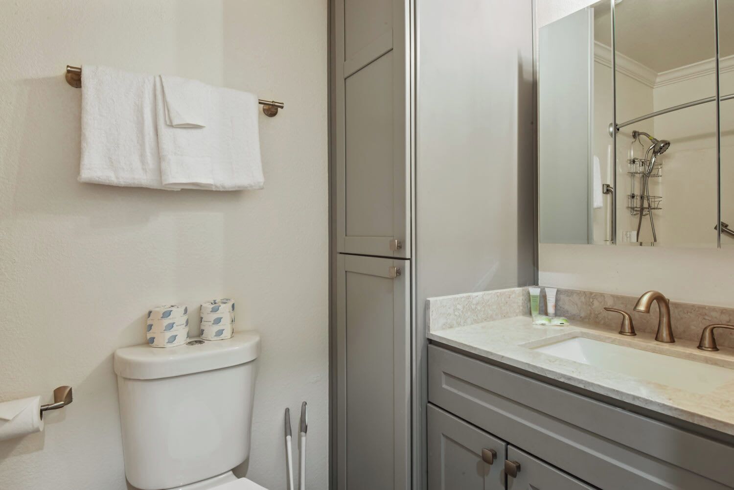 Une salle de bain comprenant des toilettes, un lavabo, un miroir et une douche.
