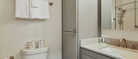 Une salle de bain comprenant des toilettes, un lavabo, un miroir et une douche.