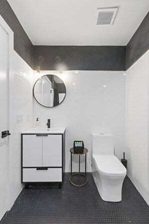 Hair dryer, towels, soap, shampoo