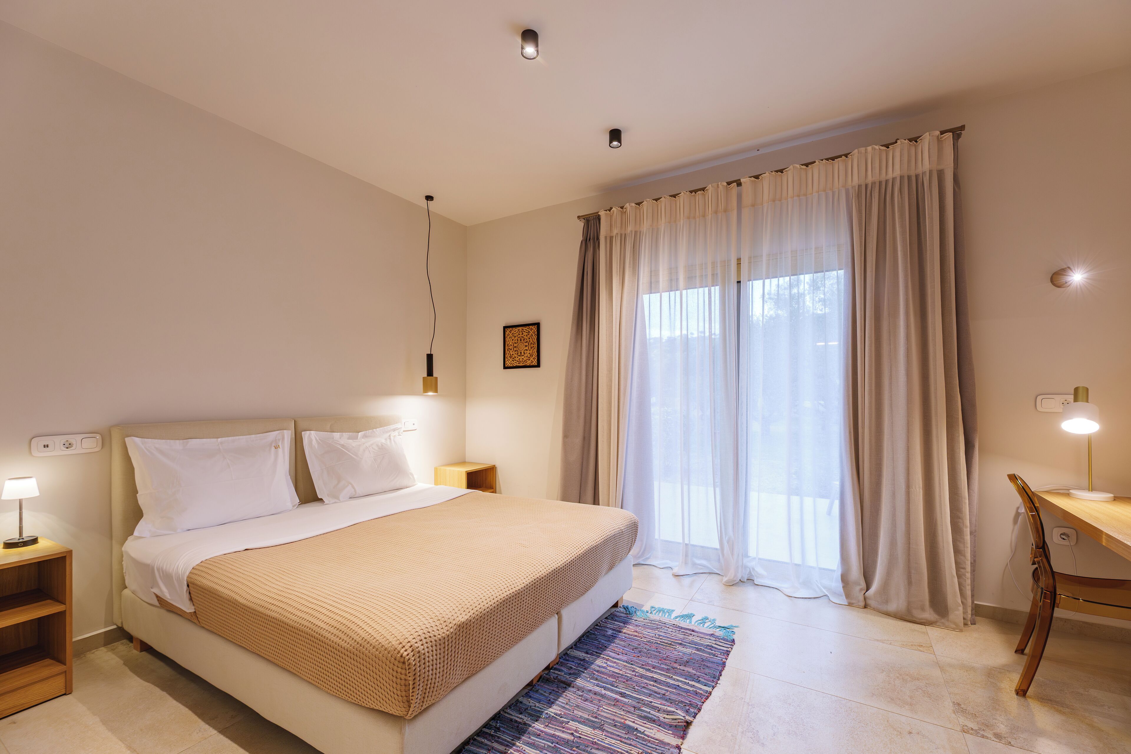 Desk, laptop workspace, blackout curtains, soundproofing