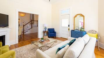 TV connectée, cheminée, livres, chaßne hi-fi