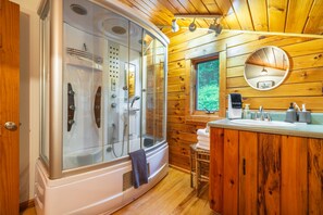 Combined shower/tub, hair dryer, towels